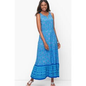 Talbots Knit Maxi Dress Blue Paisley Medallion 2X Summer Resort Beach Boho